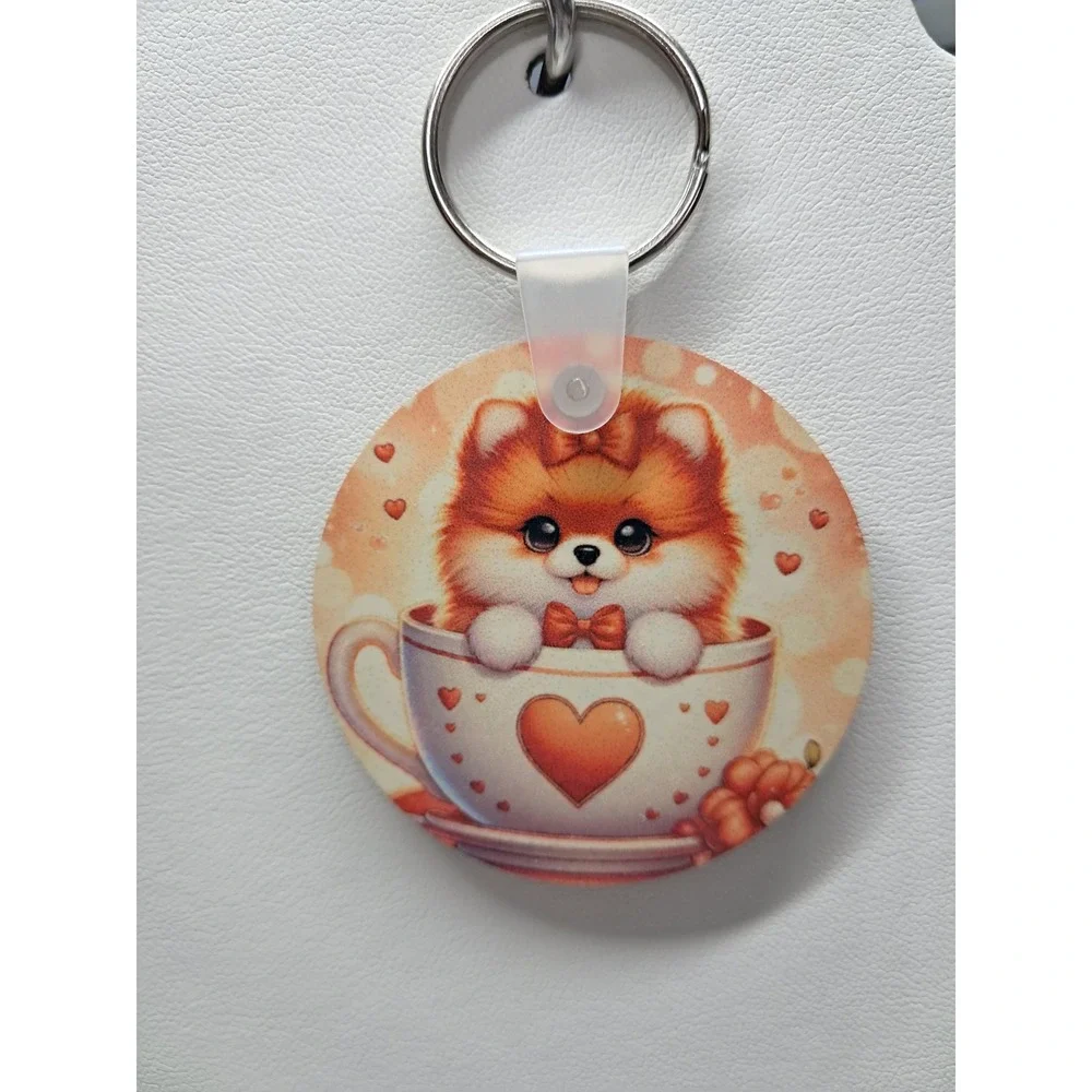 Pomeranian Puppy in Teacup Keychain Kawaii Dog Bag Charm Orange White Heart Cup‎